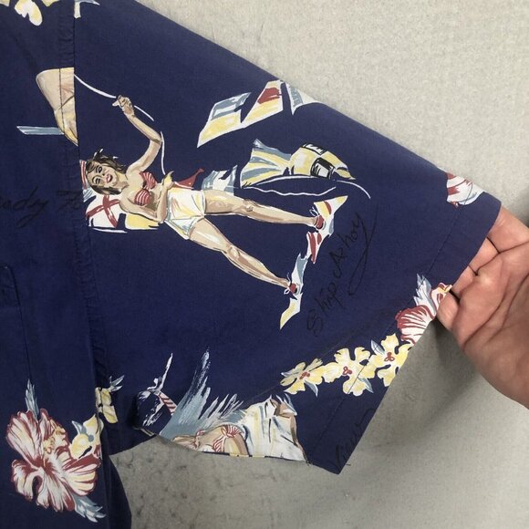 Vintage Hawaiian Shirt Mens 2X Blue Pinup Girls Retro Beach Bikinis Sailors - Picture 9 of 16